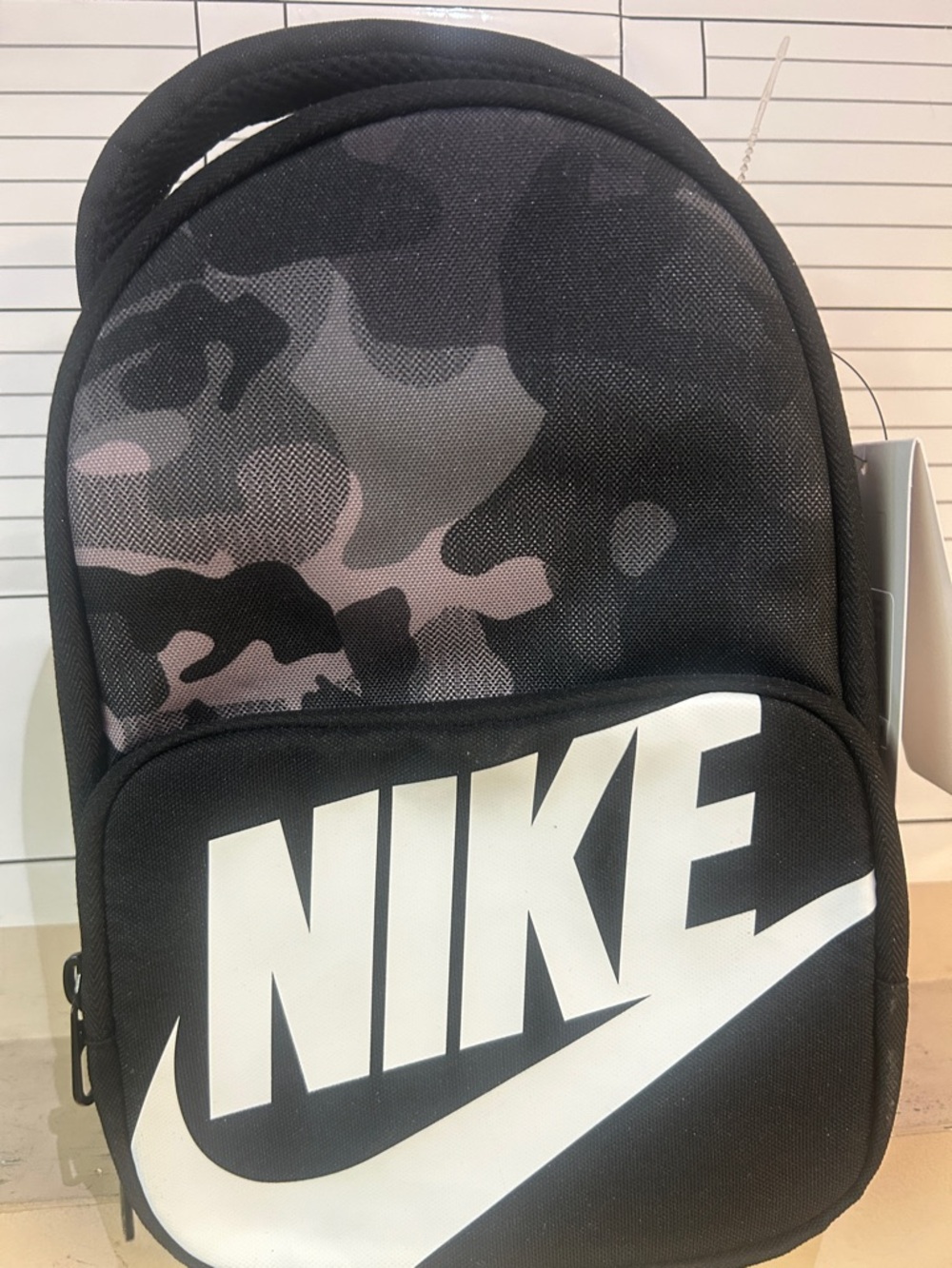 Nike Black and Gray Camo Mini Backpack with White Logo